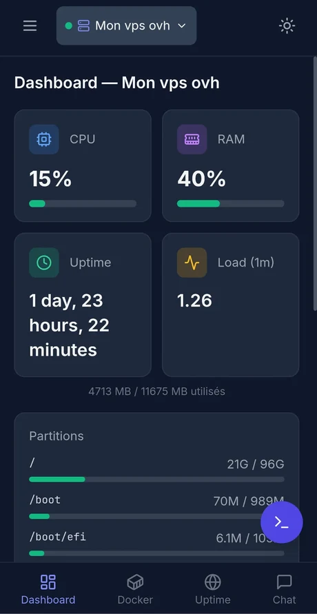 IliaCloud sur téléphone : processeur, mémoire, temps de fonctionnement et charge du serveur, avec l'occupation des partitions