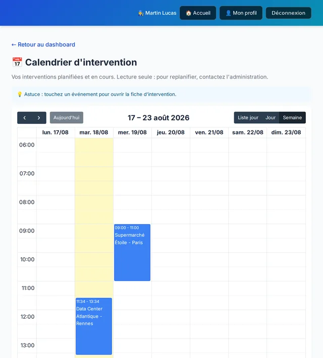Planning du technicien : interventions du jour, avec leur site et leur horaire