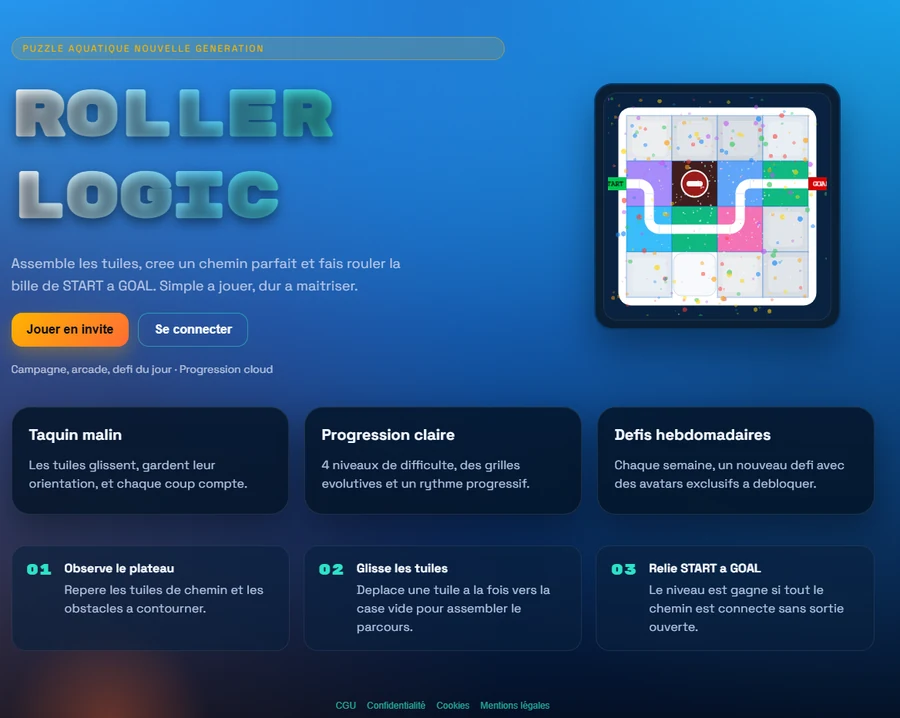 Site de RollerLogic : assembler les tuiles, créer un chemin et faire rouler la bille de START à GOAL, avec le plateau affiché sur un téléphone